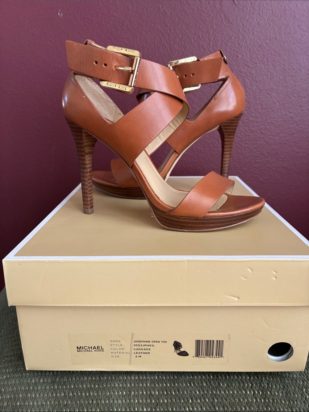 Michael Kors Luggage Leather Josephine Open Toe High Heel Sandals